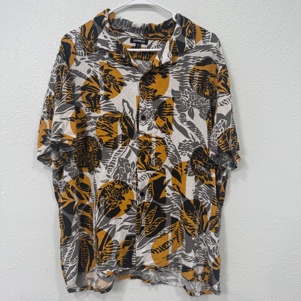 Express Mens XL Tropical Floral Rayon Button Up Shirt Mustard Yellow Black Grey